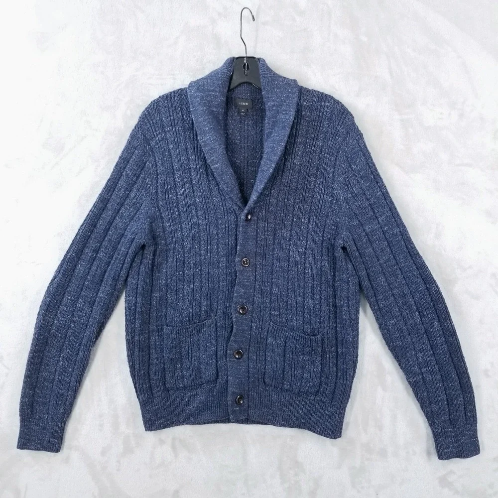 J Crew Mens Shawl Collar Cardigan Sweater Blue Cotton Elbow Patches Size M